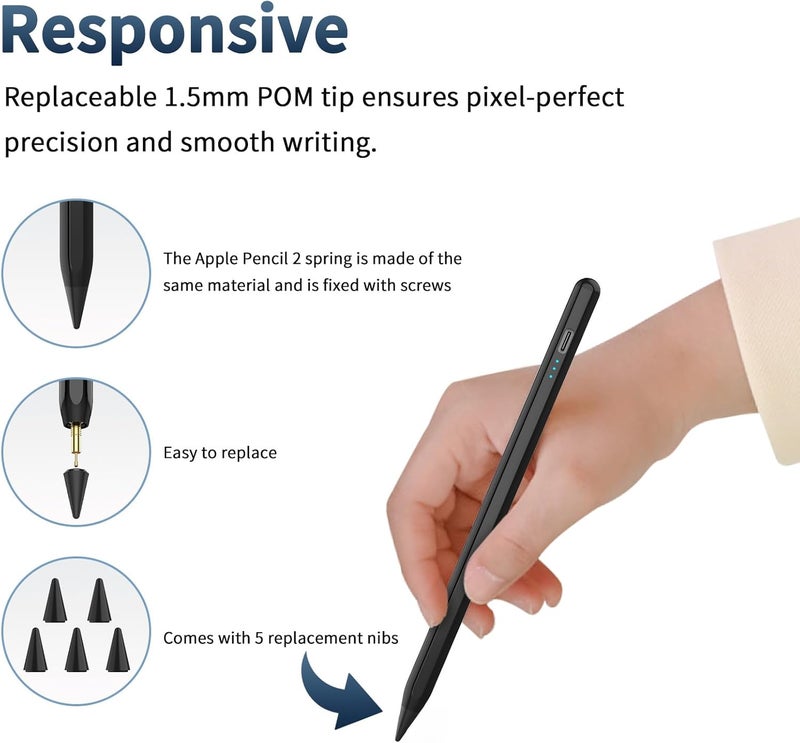 HZD Stylus Pen for iPad 2025-2018 Faster Charge Apple Pencil with Tilt Sensitivity & Palm Rejection & Magnetic Compatible iPad 11/10/9/8/7/6, Pad Air 3/4/5, Pro 12.9"/11", Mini 6/5, M2/M4 Black - Image 5